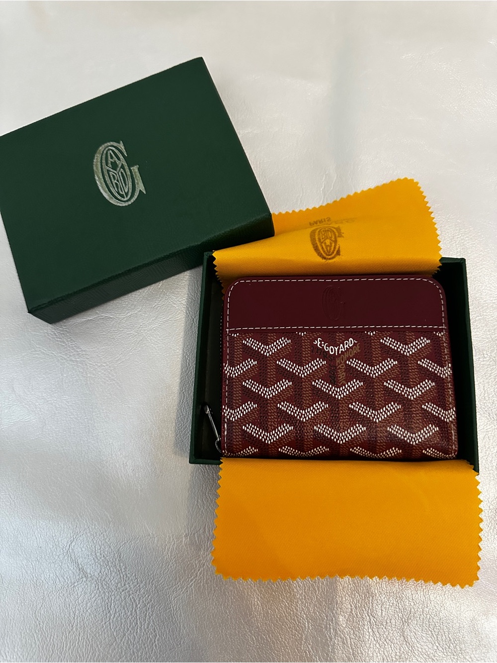 Goyard Burgundy Zip Card Holder with Signature Goyardine Pattern